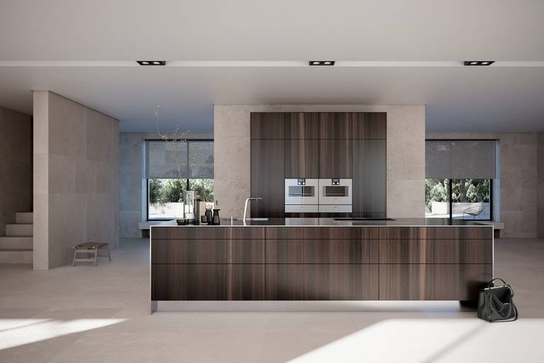 Handleless SieMatic Pure SE kitchen with continuous veneer grain on door fronts in smoked oak