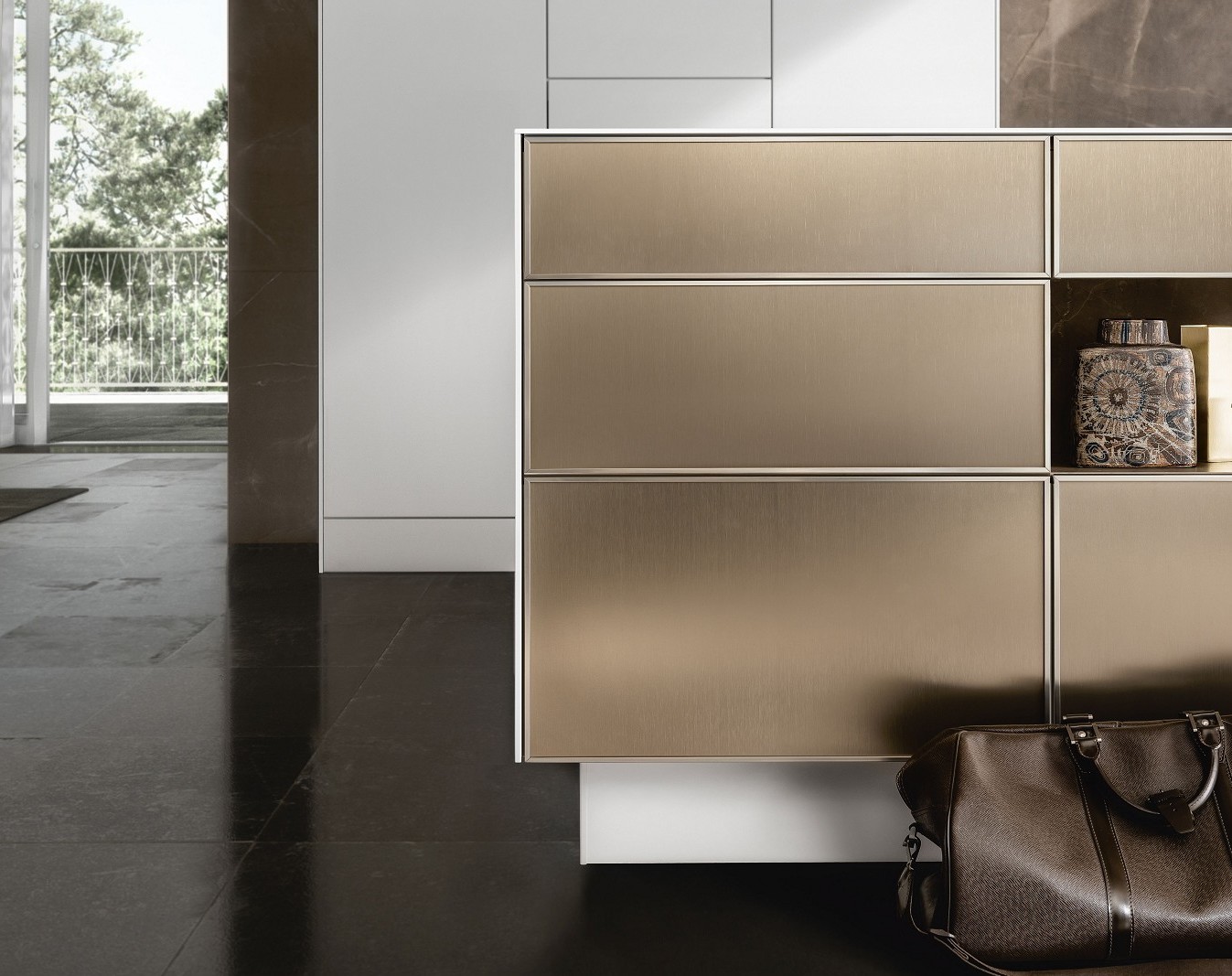 SieMatic Pure SE 3003 R kitchen island with gold bronze finish and the appearance of 6.5 mm thick countertop and side panels